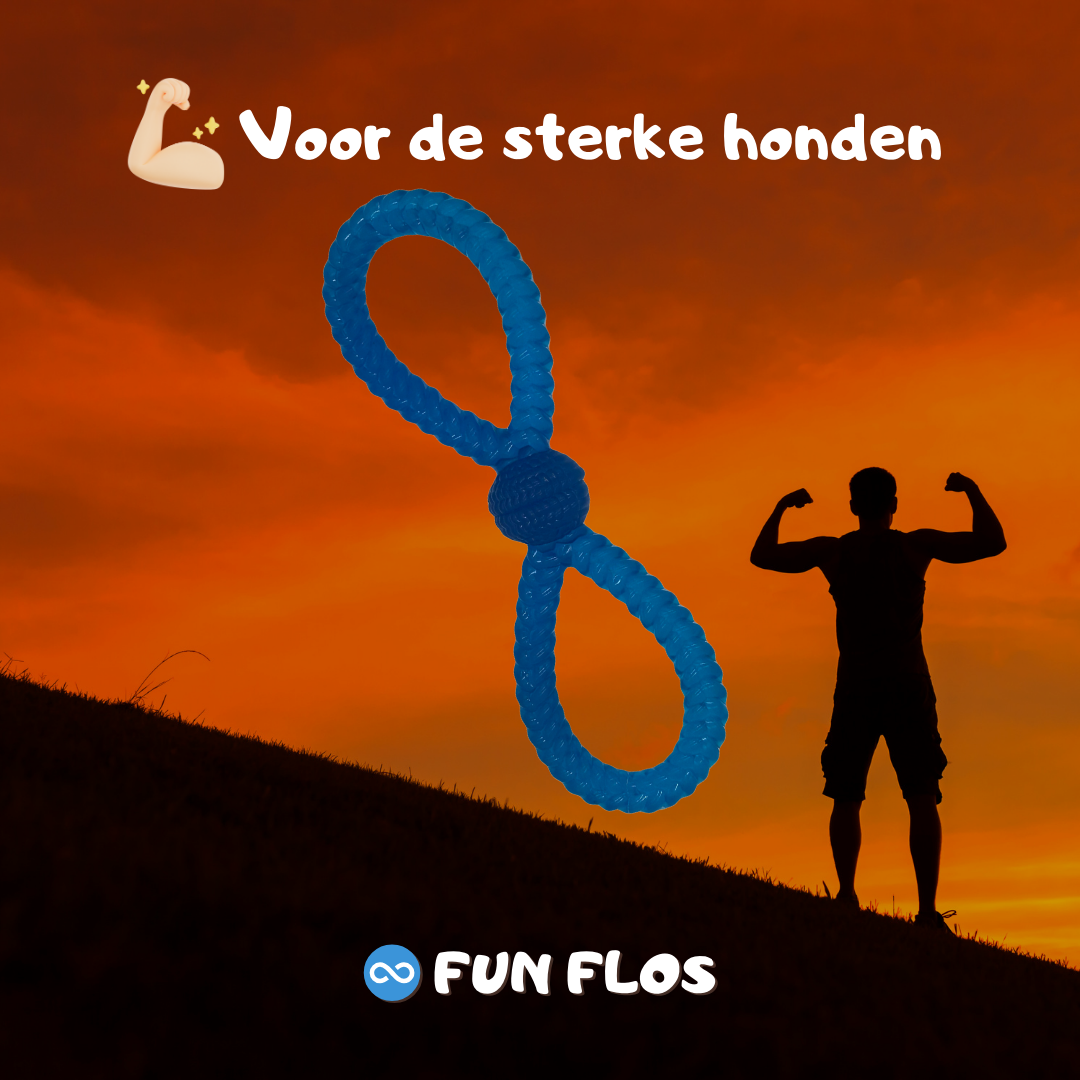Blauw flostouw hondenspeeltje in achtvorm met tekst 'Voor de sterke honden' en een gespierde man bij zonsondergang.