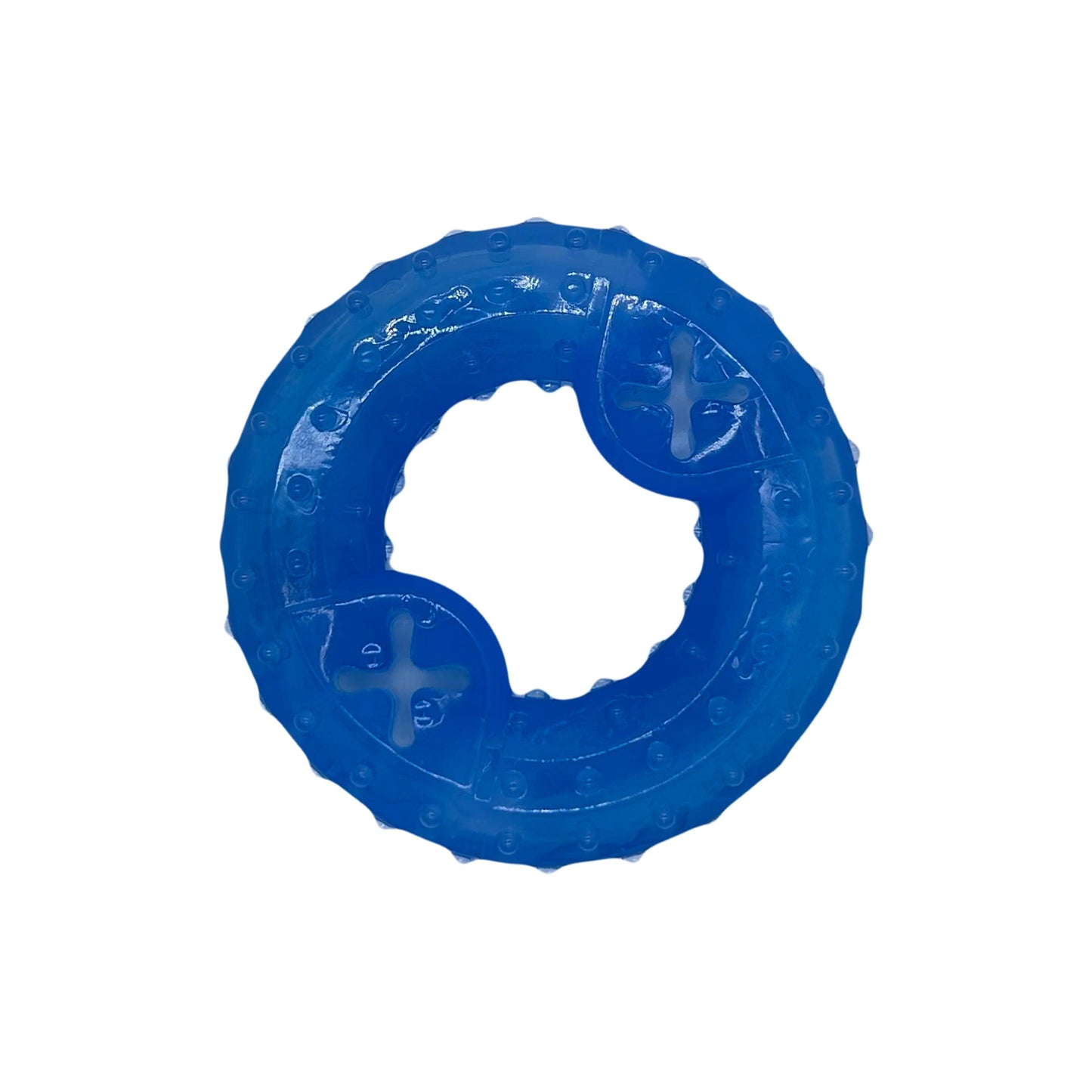 Blauwe ringvormig hondenspeeltje met textuur, geschikt om in de vriezer te koelen voor extra verfrissing tijdens warm weer.