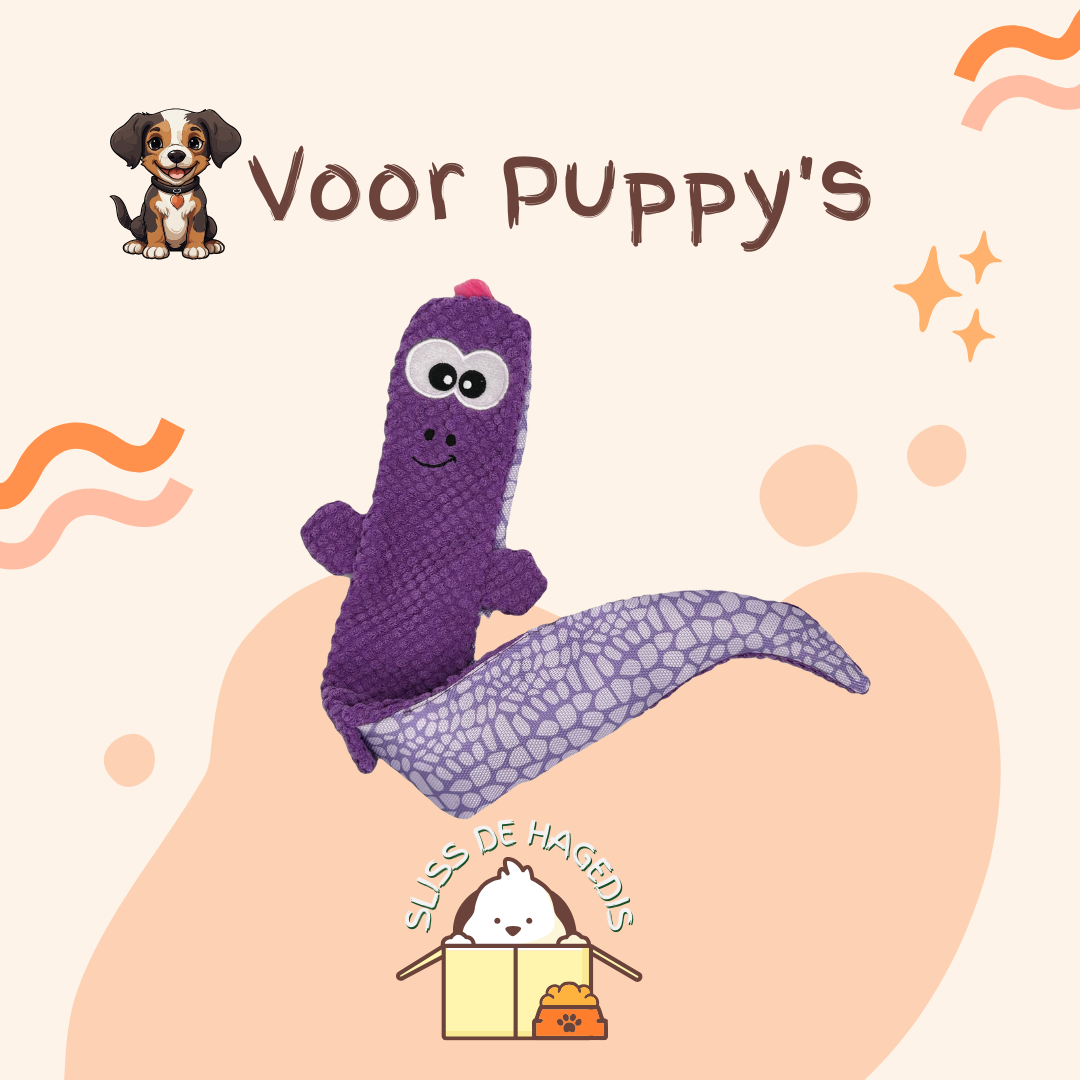 Paarse pluche hagedis hondenspeeltje met lange staart, geschikt voor puppy’s, op beige achtergrond met speelse illustraties.