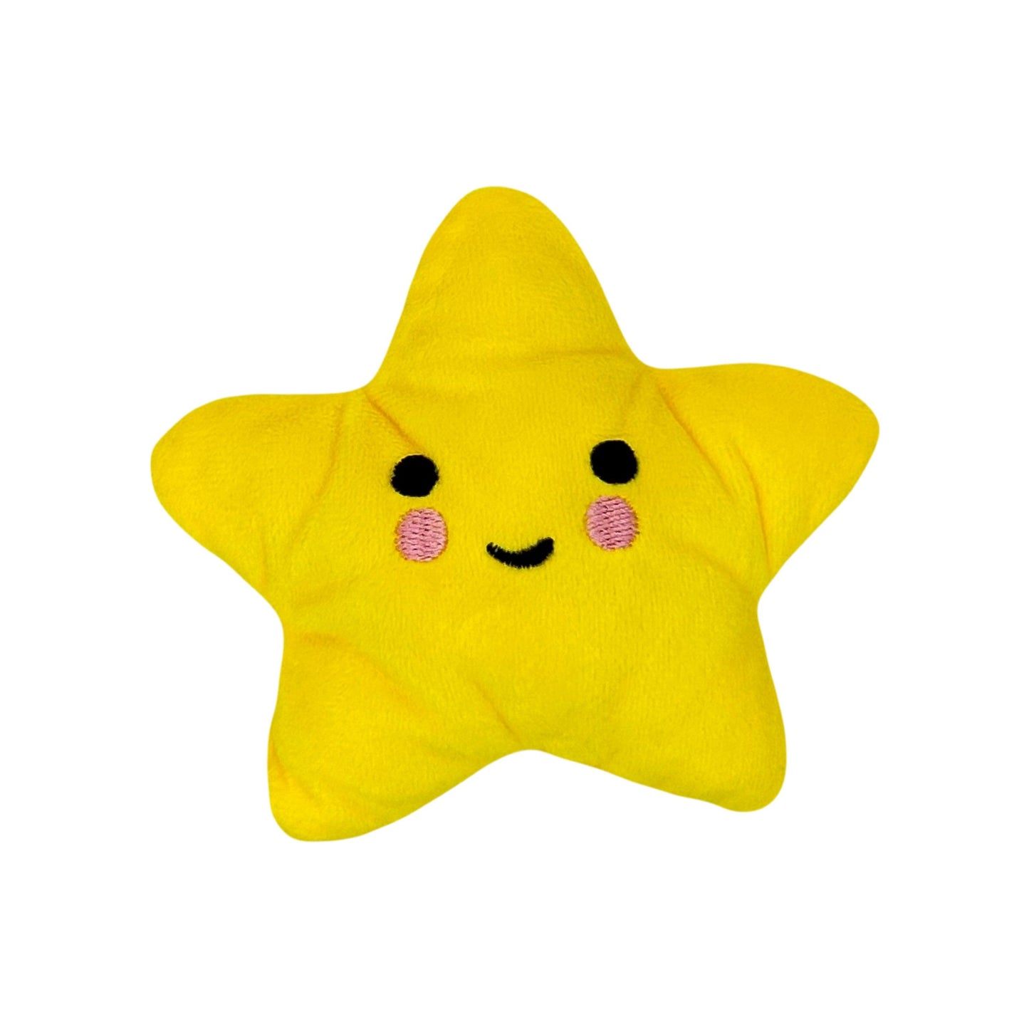 Gele ster knuffelspeeltje voor honden, met een vriendelijk gezicht en zachte stof voor speelplezier.