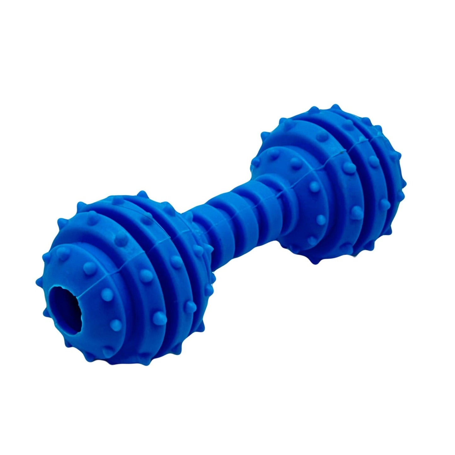 Blauwe Kleurknal Dumbel hondenspeeltje met textuur en noppen voor kauwplezier en tandverzorging.
