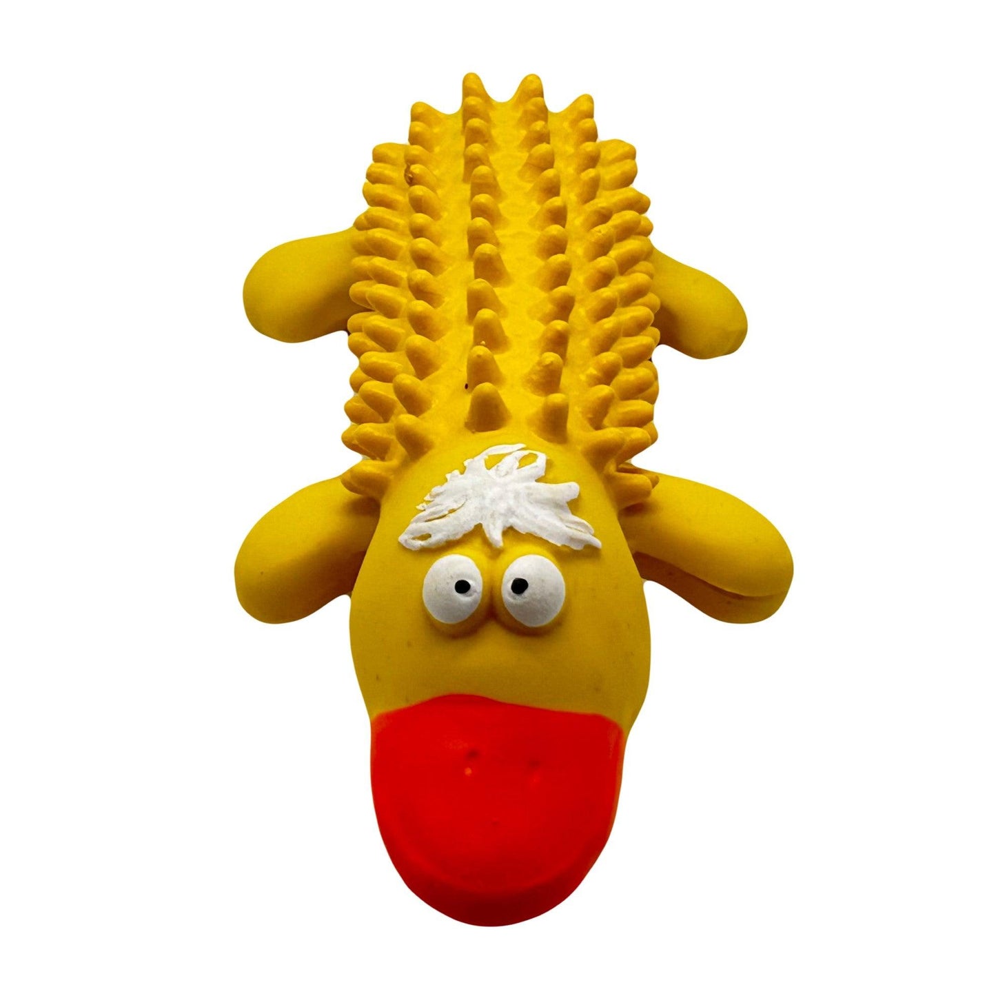 Geel hondenspeeltje in de vorm van een eend met een rode snavel, grappige ogen en een noppenstructuur op de rug.