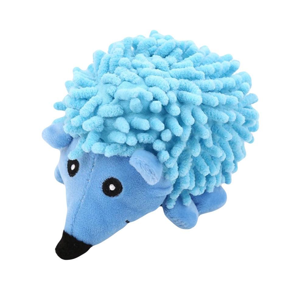 Blauw pluchen egel hondenspeeltje met zachte stekels en een schattig gezicht, perfect voor knuffel- en speelplezier.