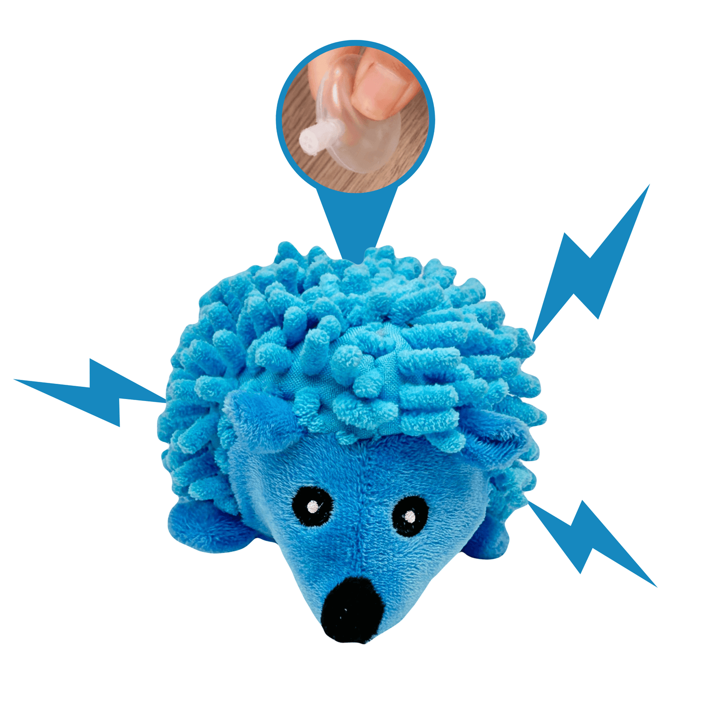 Blauw egelvormig hondenspeeltje met pieper, zachte textuur en speelse uitstraling.