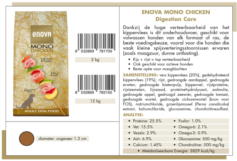 Voedingsinformatie Enova Mono Chicken: kip (20%), rijst, groenten, glucosamine en chondroïtine voor gezonde gewrichten.