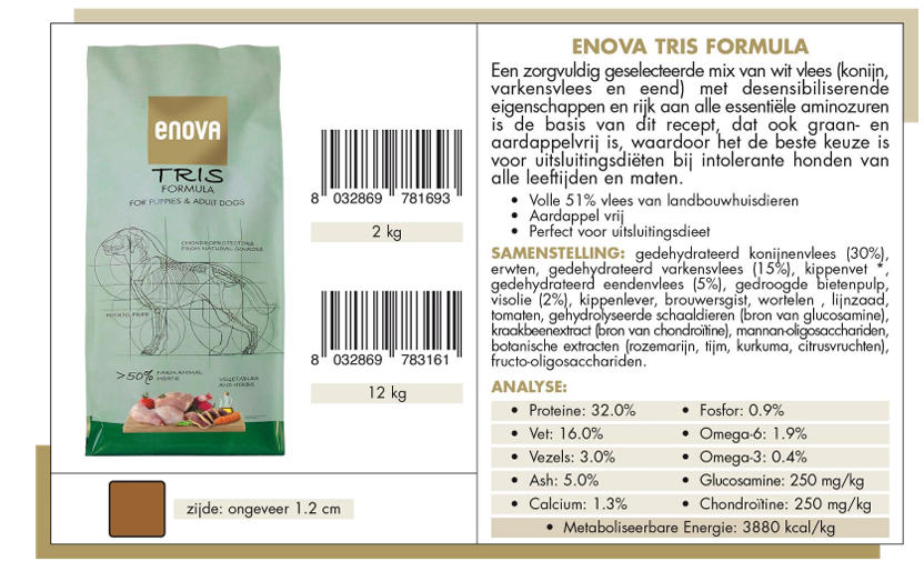 Voedingsinformatie van Enova Tris Formula hondenbrokken, rijk aan konijn, varkensvlees en eend, zonder granen en aardappelen.