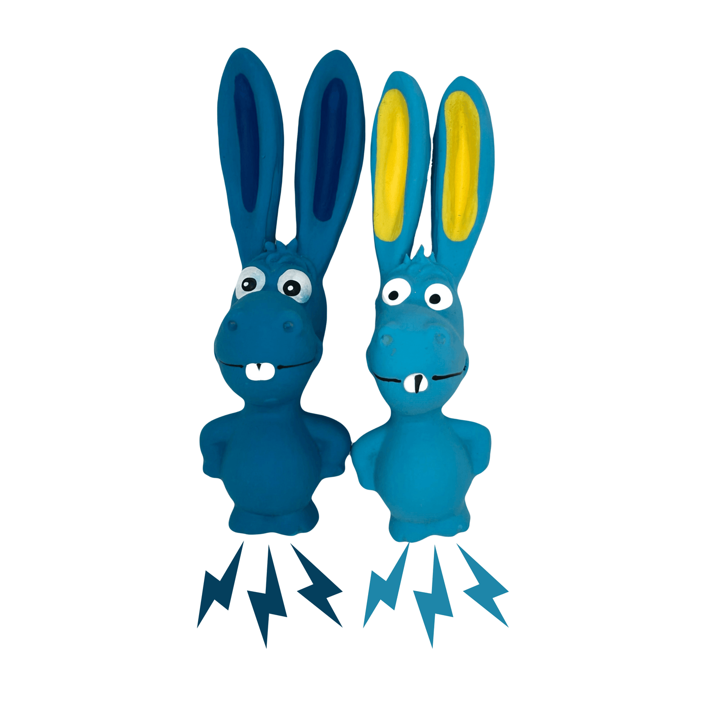 Twee blauwe latex ezel hondenspeeltjes met lange oren, grappige gezichten en bliksemschichten voor een speelse uitstraling.