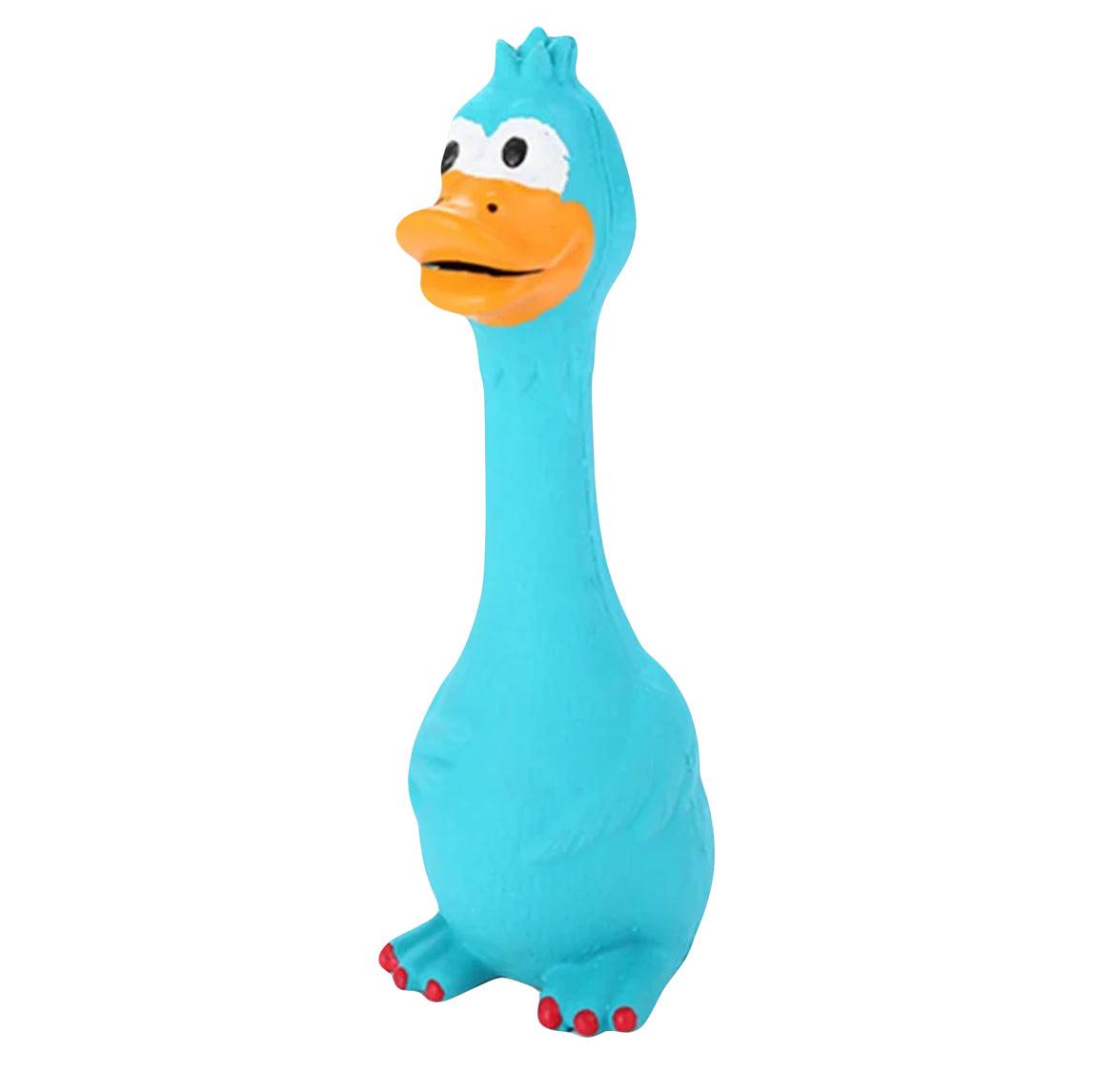 Latex hondenspeeltje in de vorm van een lichtblauwe eend met een oranje snavel en rode voetjes, ideaal voor speelplezier.