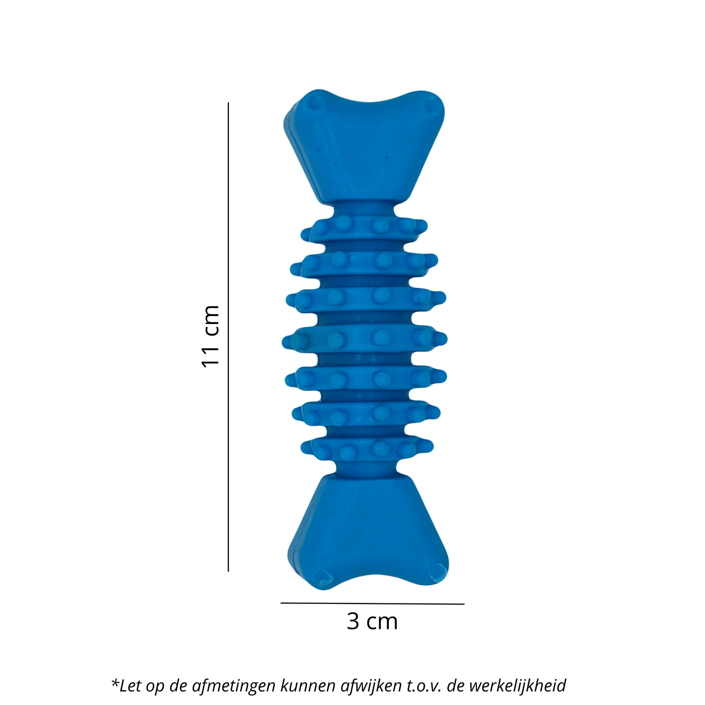 Blauw hondenspeeltje in de vorm van een visgraat, met noppenstructuur en afmetingen van 11 cm lang en 3 cm breed.