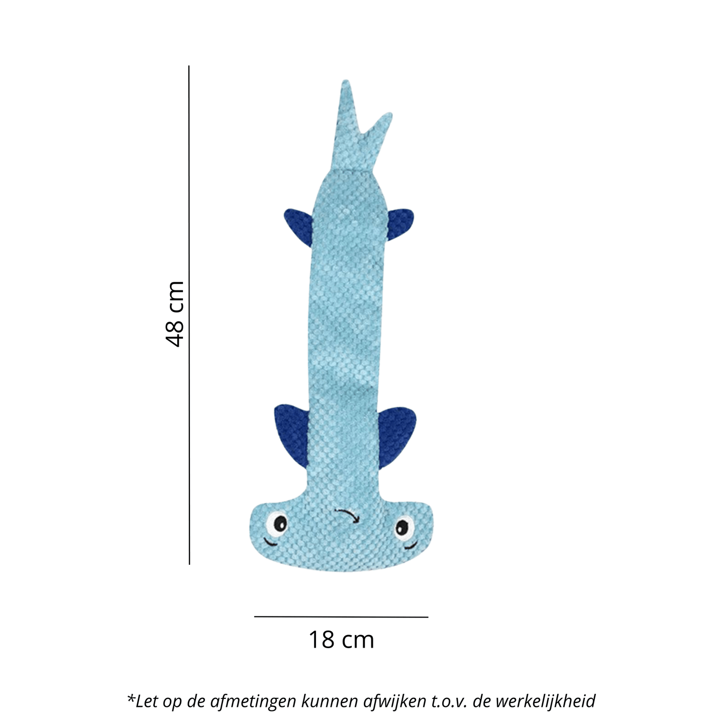 Lichtblauw hamerhaai hondenspeeltje met een vrolijk gezicht, blauwe vinnen en afmetingen van 48 cm lang en 18 cm breed.