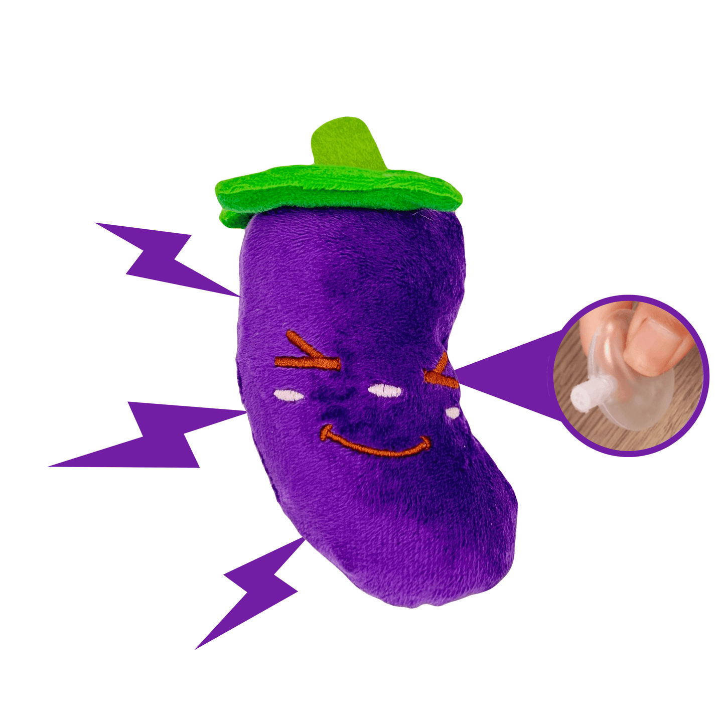 Pluche aubergine hondenspeeltje met een ingebouwde pieper, paarse knuffel met groen blad.