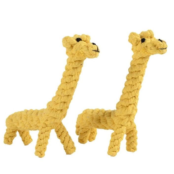Twee gele giraffe flosspeeltjes naast elkaar voor vergelijking.