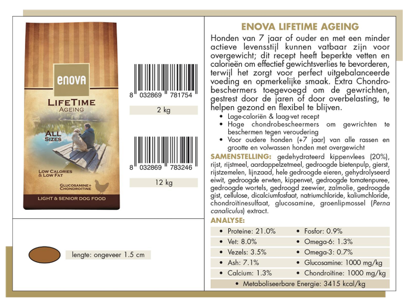 Gedetailleerde productinformatie over Enova LifeTime Ageing hondenbrokken met voedingswaarden en ingrediëntenlijst.