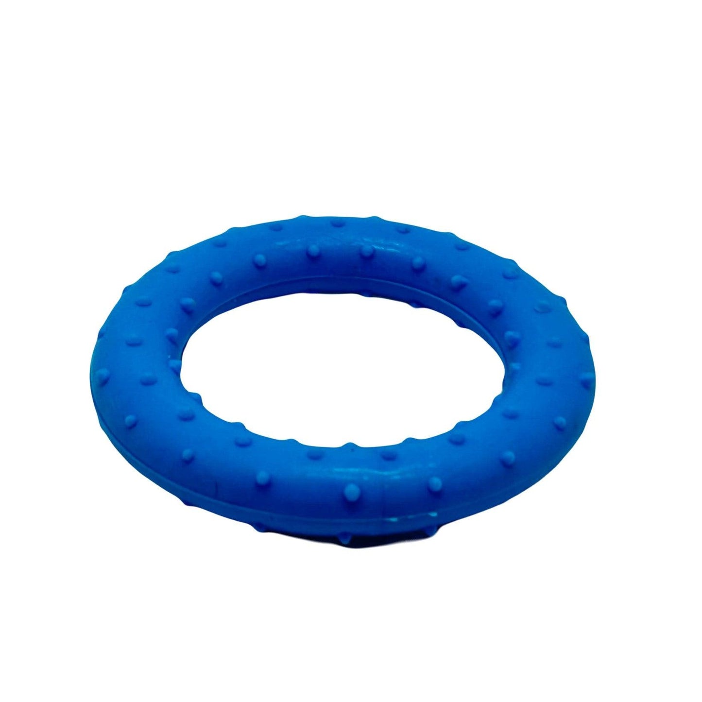 Blauwe speelring voor honden met nopjes voor extra grip, ideaal voor trek- en apporteerspelletjes.