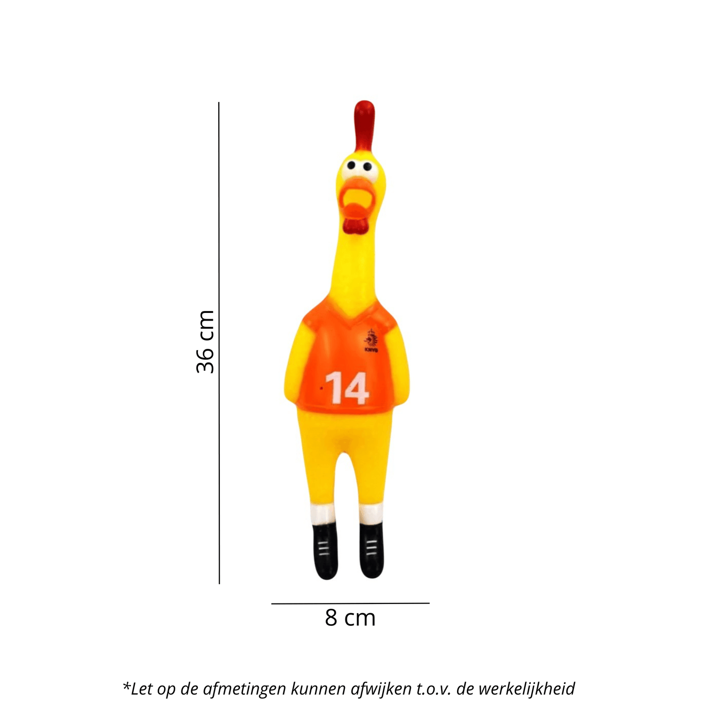 Een productfoto van de voetbal-kip in Nederland voetbalshirt, met afmetingen van 36 cm hoog en 8 cm breed.