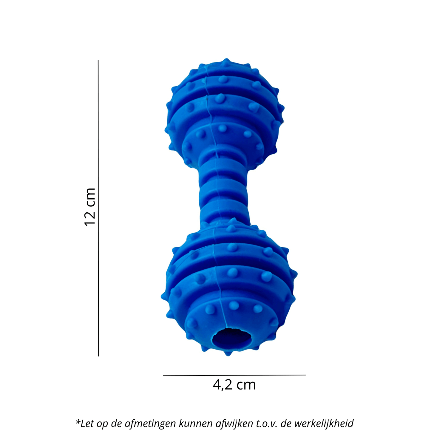 Illustratie van het hondenspeeltje de Kleurknal Dumbel met de afmetingen daarvan