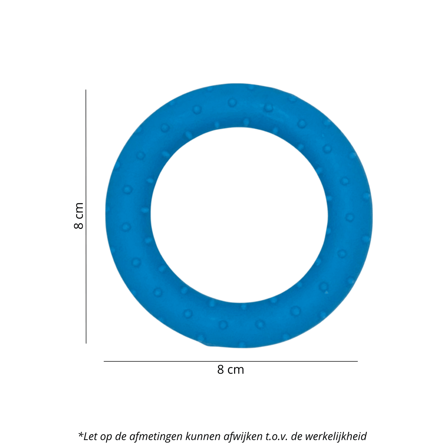 Blauwe speelring voor honden, 8 cm groot, met nopjes voor extra grip en kauwplezier.