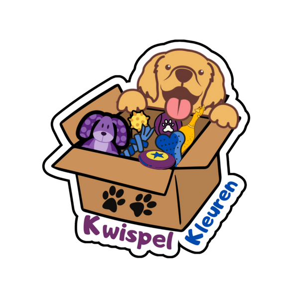 Logo van KwispelKleuren met een vrolijke hond en kleurrijk speelgoed