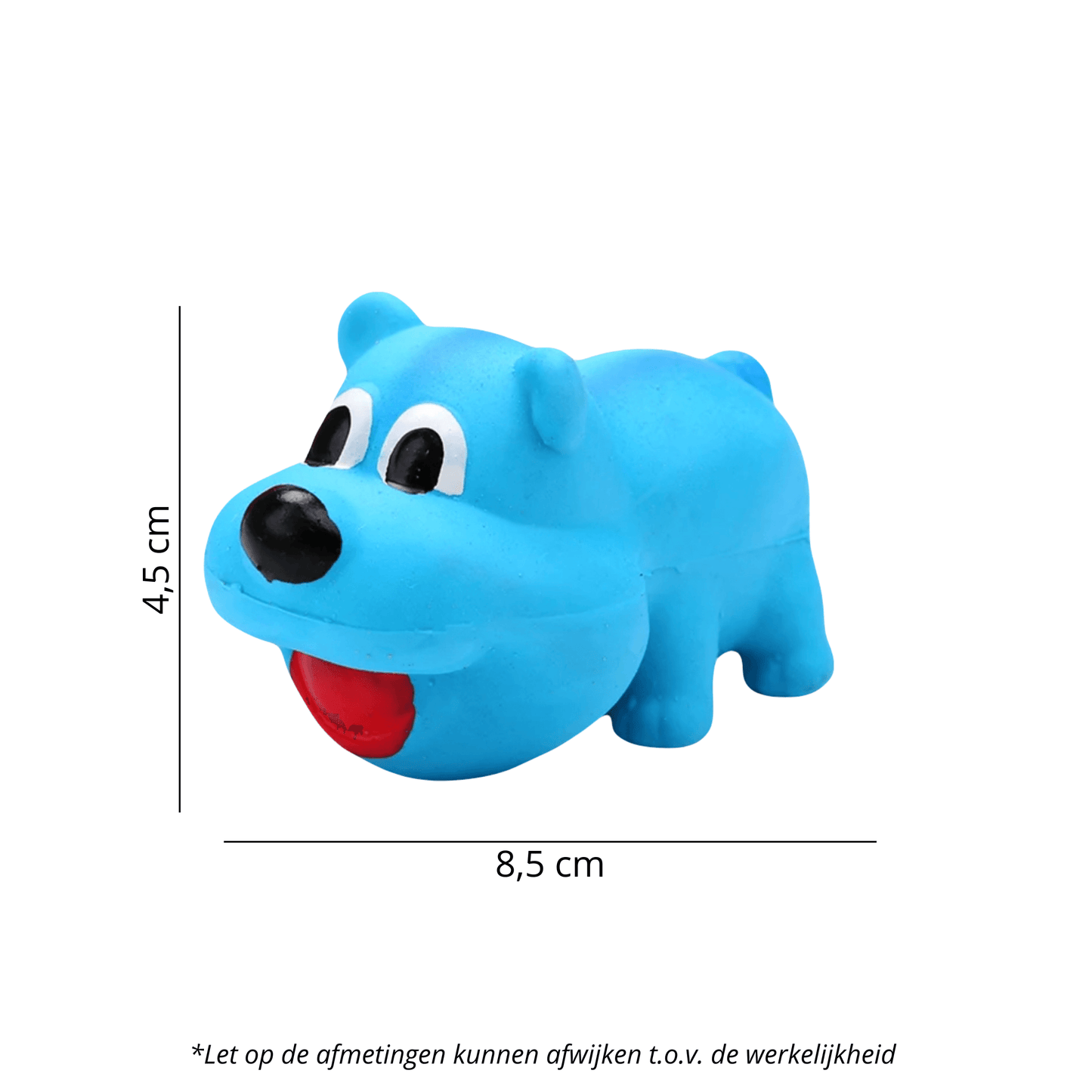 Blauw hondenspeeltje in de vorm van een schattig nijlpaard met een lachend gezicht en een rood fluitje in de bek