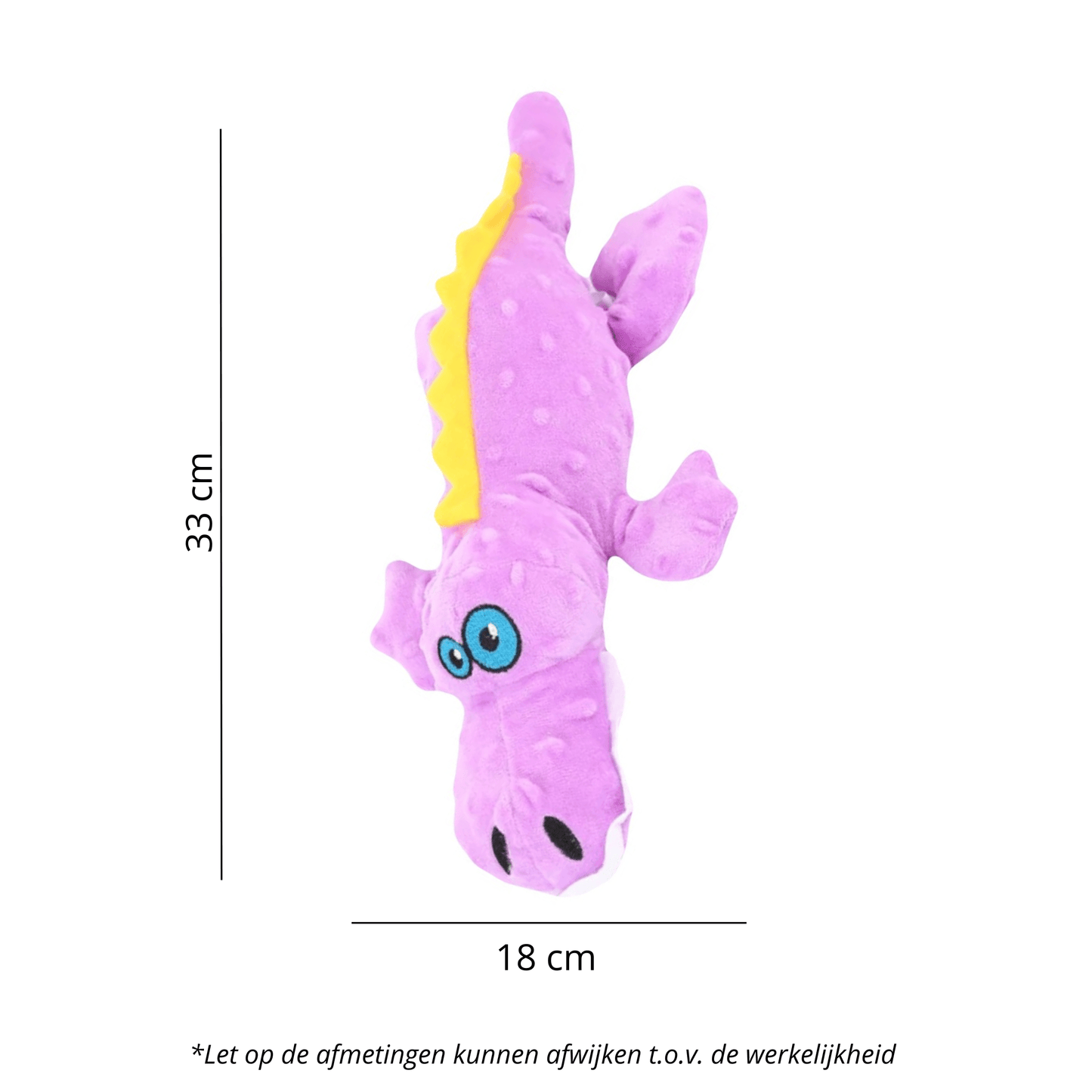 Paarse pluche krokodillenknuffel met blauwe ogen en een gele rugkam, afgebeeld met afmetingen van 33 cm lang en 18 cm breed.
