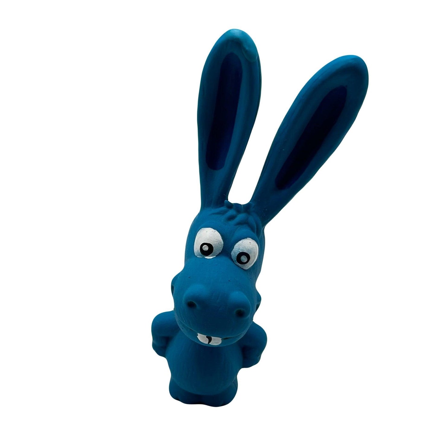 Blauw latex konijnenspeeltje met lange oren en een scheve tandjeslach, perfect voor honden die van knabbelen houden.