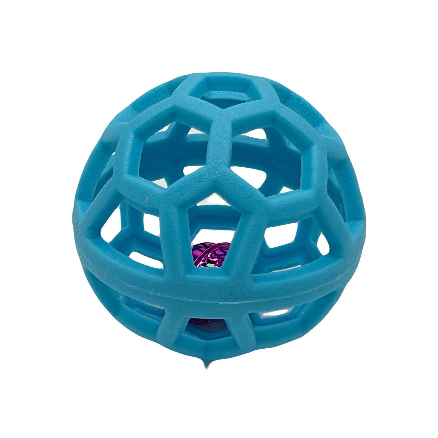 Een gedetailleerd beeld van de blauwe Bellende Bal, met een glanzend paars belletje zichtbaar in het midden.