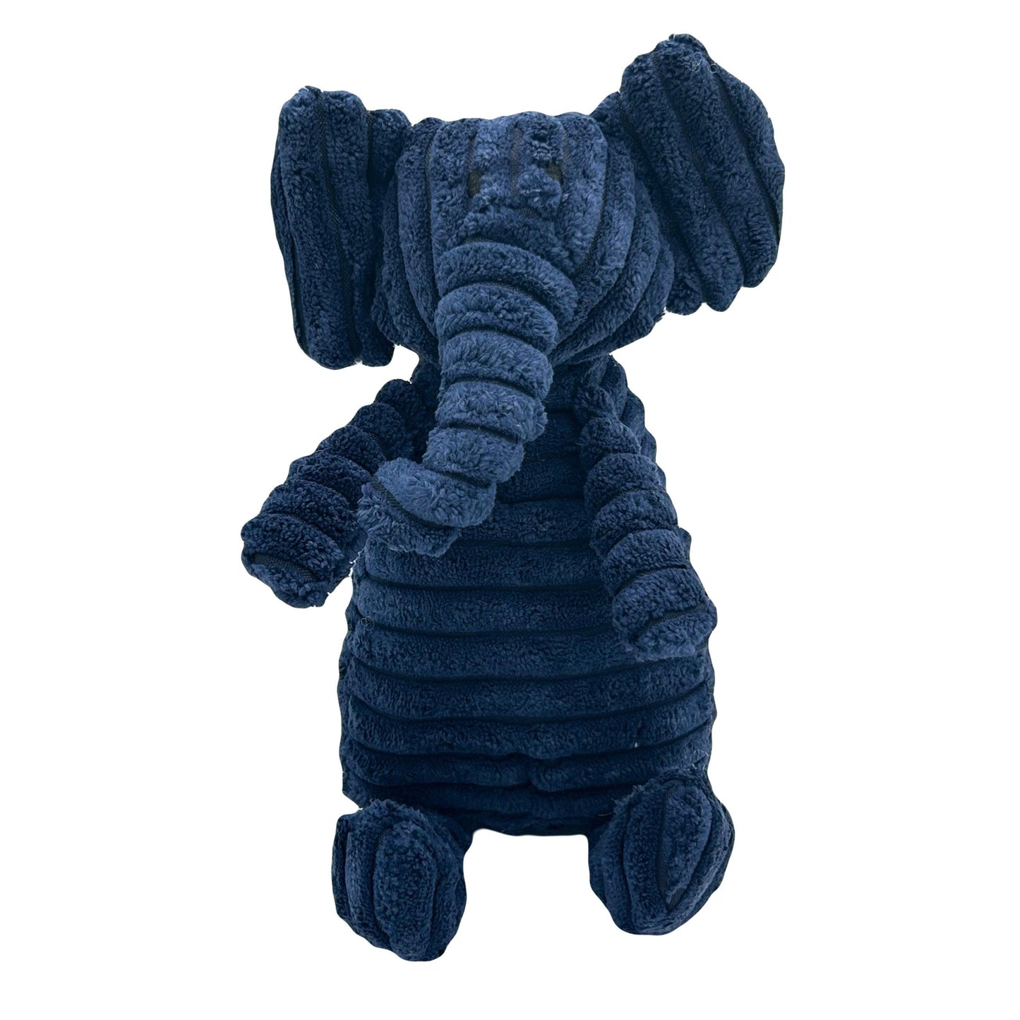 Donkerblauwe knuffel Ollie Olifant plat op de grond, ideaal voor speelplezier en knuffelen.