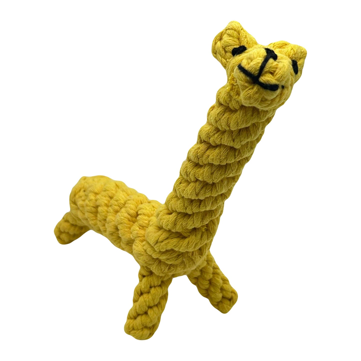 Gele giraffe hondenspeeltje van stevig katoentouw. Ideaal voor kauwen en trekken, stimuleert gezond gebit en speelplezier.