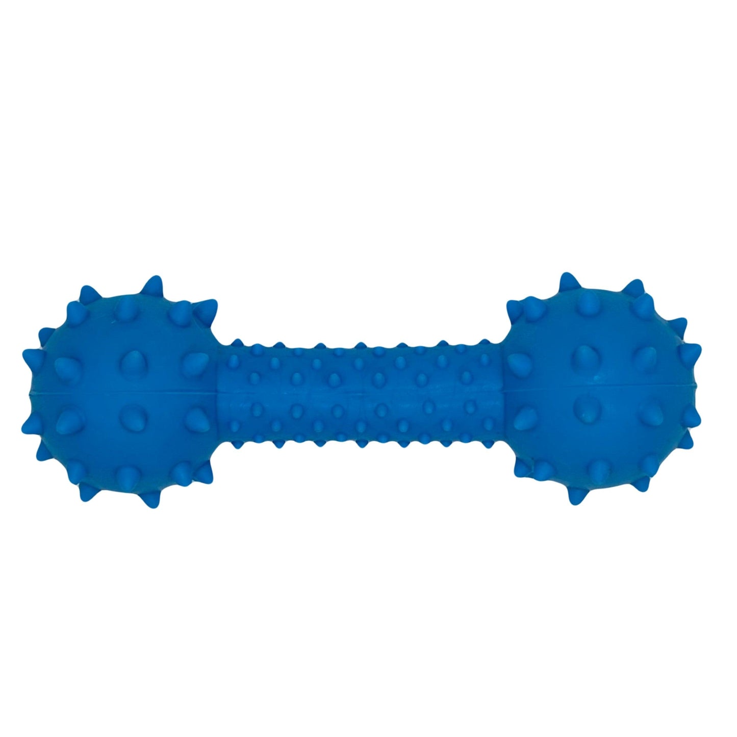Close-up van de Spikey Kauw Knots, een felblauw hondenspeeltje met een stevige textuur en noppen voor extra grip.