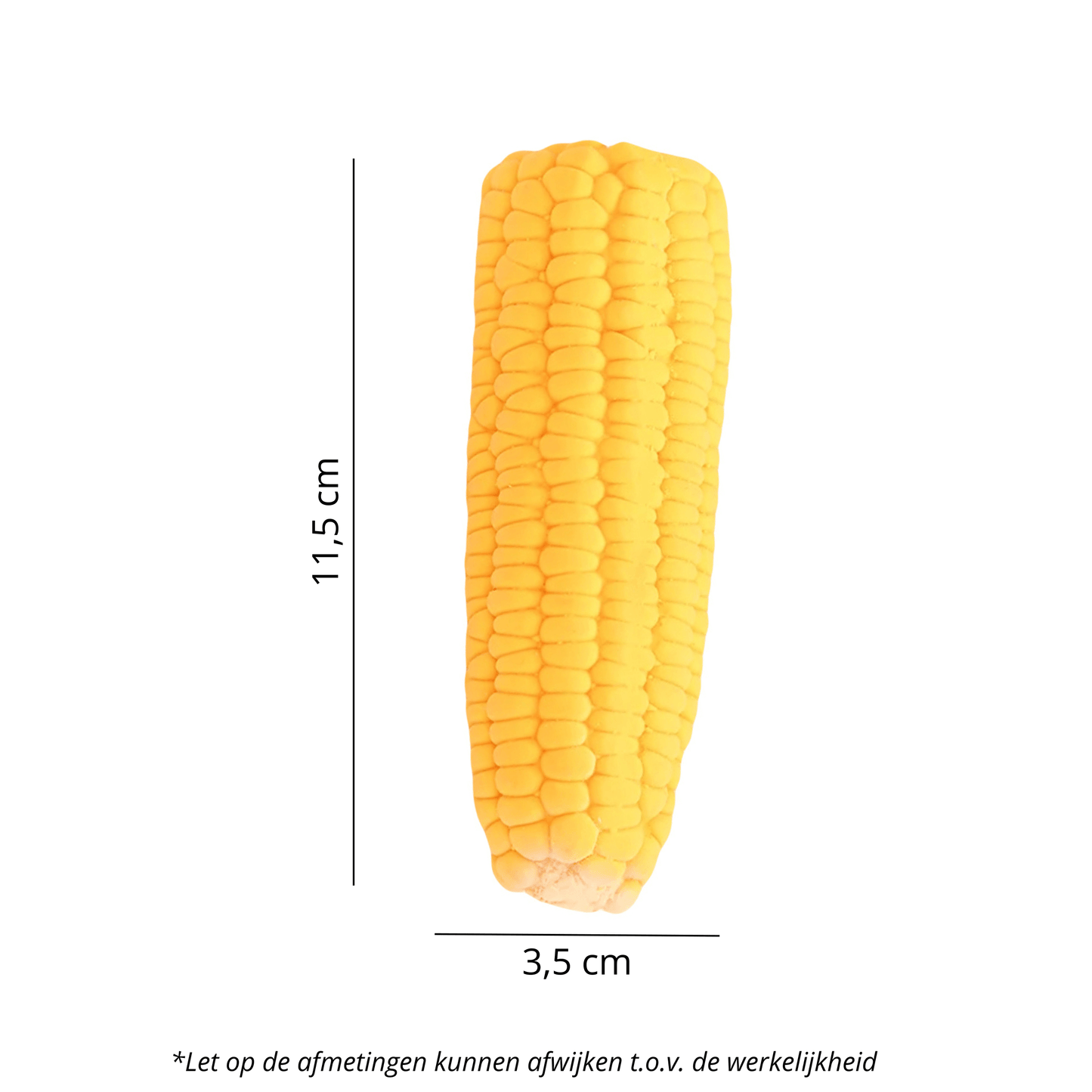 Geel rubberen maiskolf hondenspeeltje, 11,5 cm lang en 3,5 cm breed, met een realistische textuur.