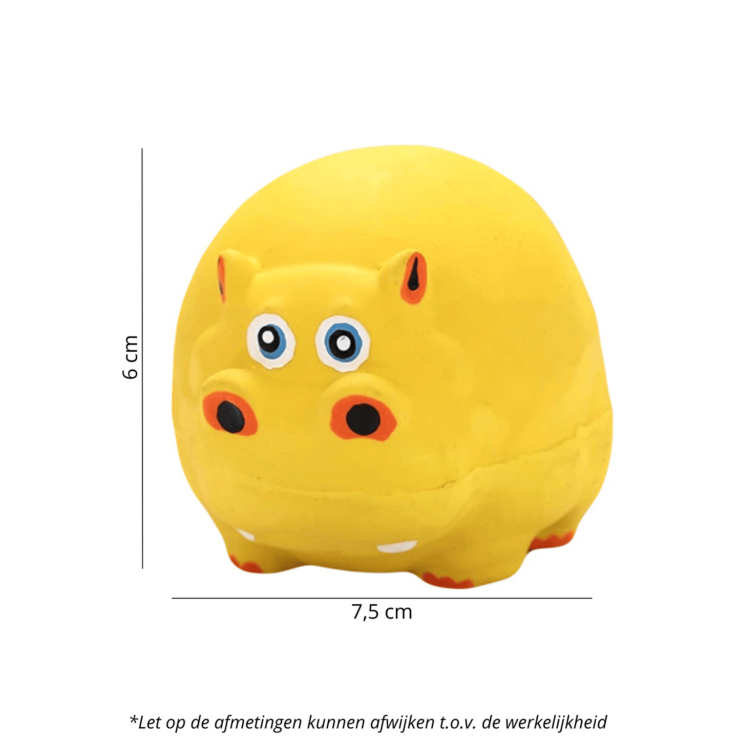 Geel nijlpaard hondenspeeltje met grappige ogen, afmetingen 7,5 cm breed en 6 cm hoog, perfect voor speelplezier van honden