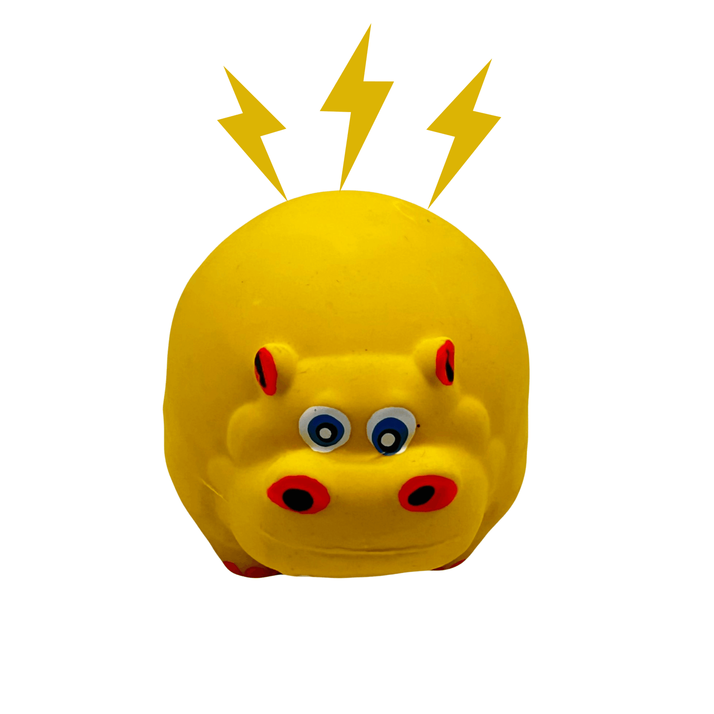 Geel nijlpaard hondenspeeltje met grappige ogen en bliksemschichten, piepend en ideaal voor kauwplezier.