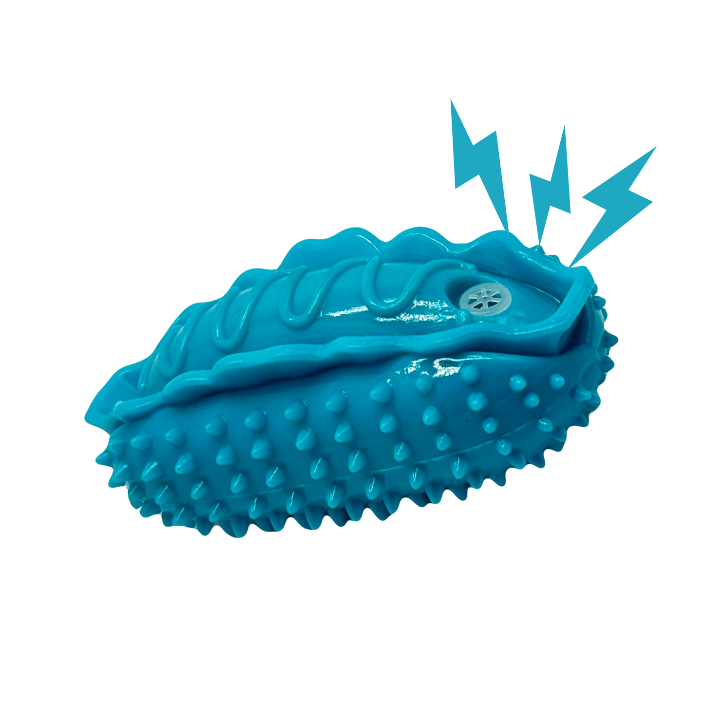 Blauwe hondenkauwspeelgoed in de vorm van een vis met bliksemschichten die aangeven dat het een piepgeluid maakt.