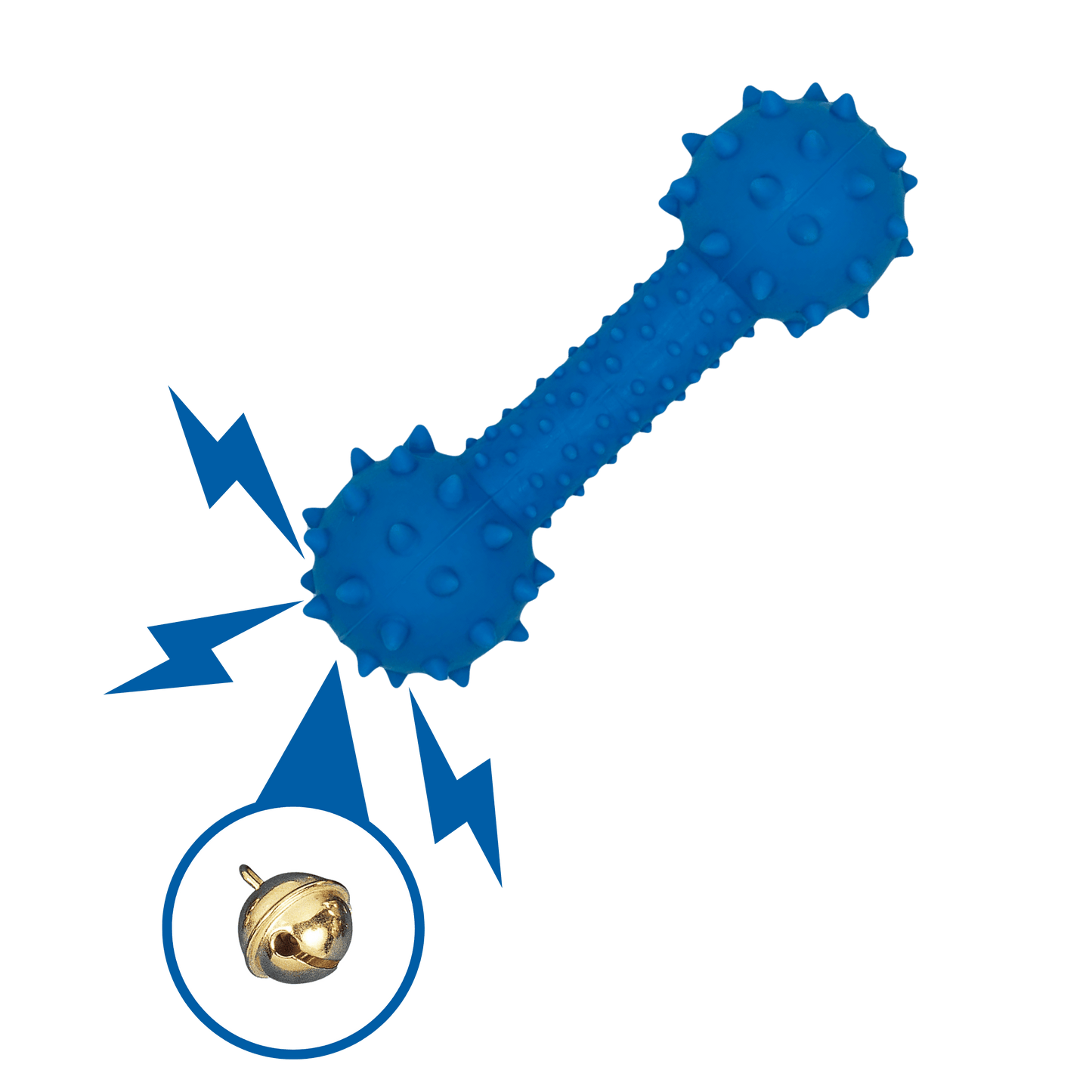 Blauwe Spikey Kauw Knots met bliksemschichten en een belletje, wat aangeeft dat het speeltje een geluid maakt bij het spelen.