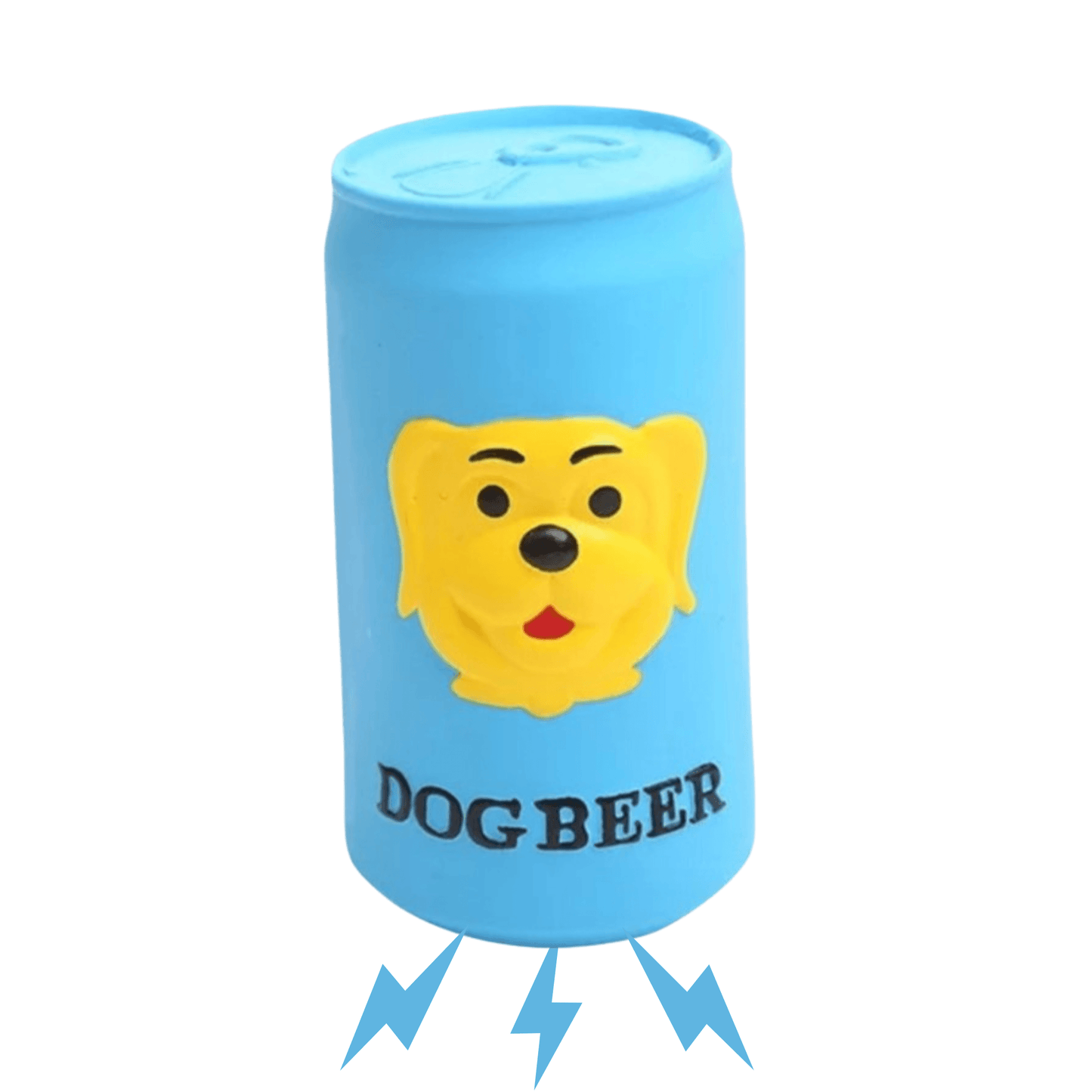 Latex hondenspeeltje in de vorm van een bierblikje met "Dog Beer"; bliksemschichten geven aan dat het een piepgeluid maakt.