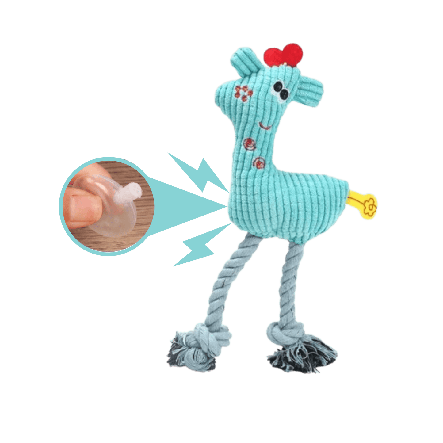 Blauwe Hertje Bambi knuffel met een piepje, weergegeven met bliksemschichten, en stevige touwen als pootjes.