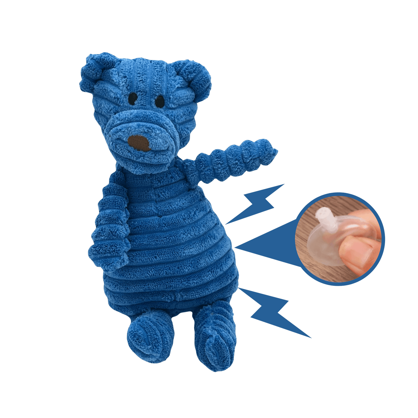 Blauwe knuffel Beer Baloe met piepje, weergegeven door bliksemschichten en een ingezoomd detail van het piepmechanisme.