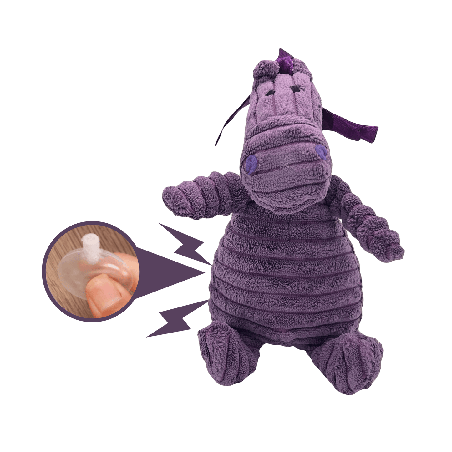 Nelly Neushoorn met een piepje erin, afgebeeld met bliksemschichten en een close-up van het piepelement.