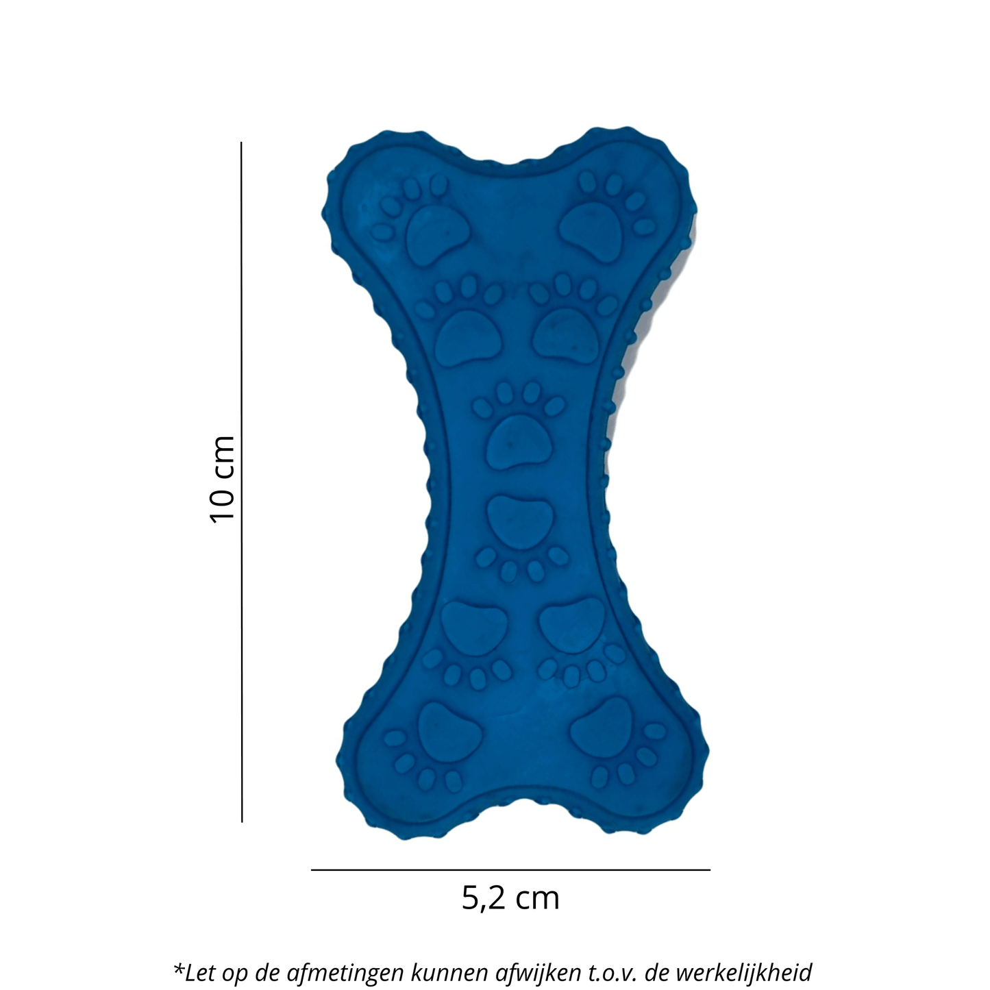 Blauw kauwspeeltje in botvorm met pootafdrukken, afmetingen 10 cm x 5,2 cm. Maten kunnen afwijken van de werkelijkheid