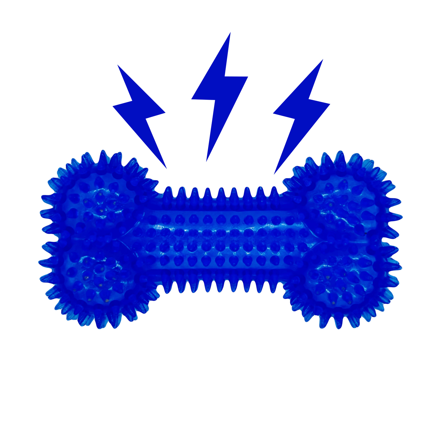 Blauw botvormig hondenspeeltje met spikes en energie-iconen dat geluid aangeeft, ontworpen voor kauwplezier