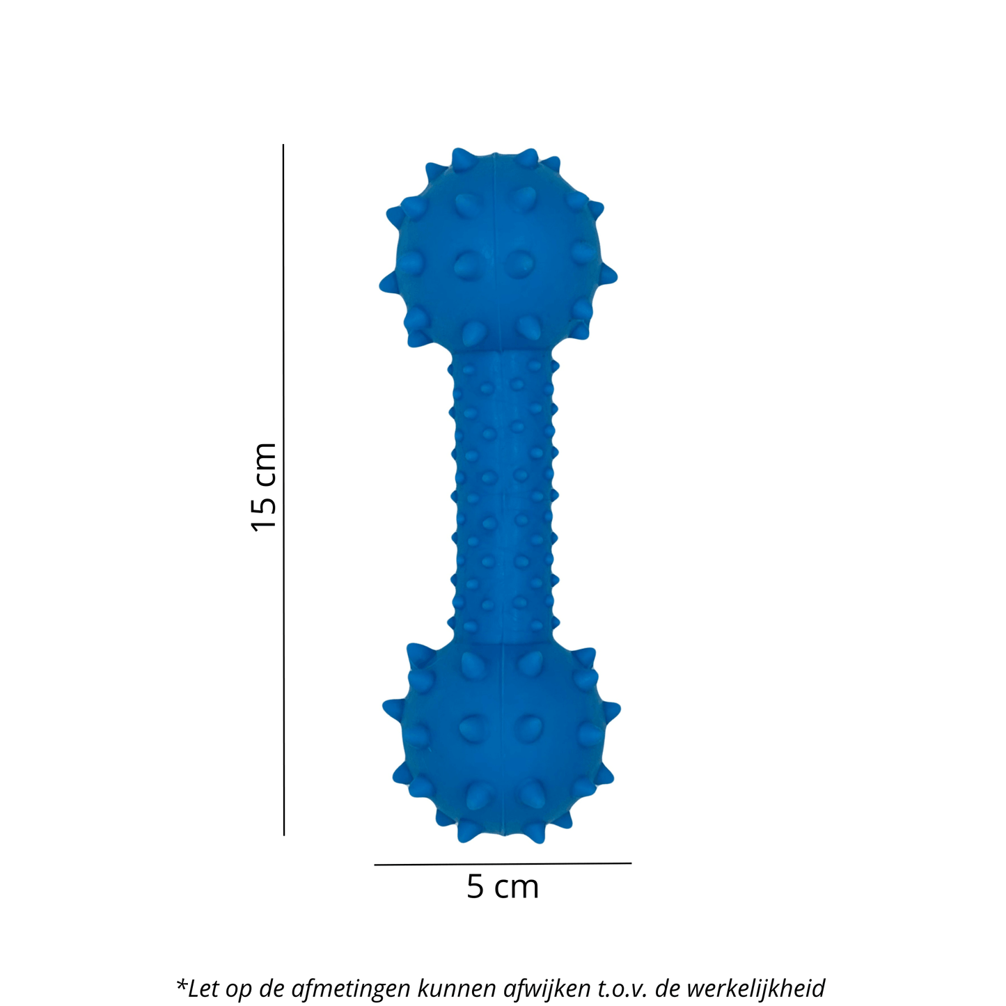 De blauwe Spikey Kauw Knots met afmetingen van 15 cm lang en 5 cm breed, voorzien van noppen voor extra kauwplezier.
