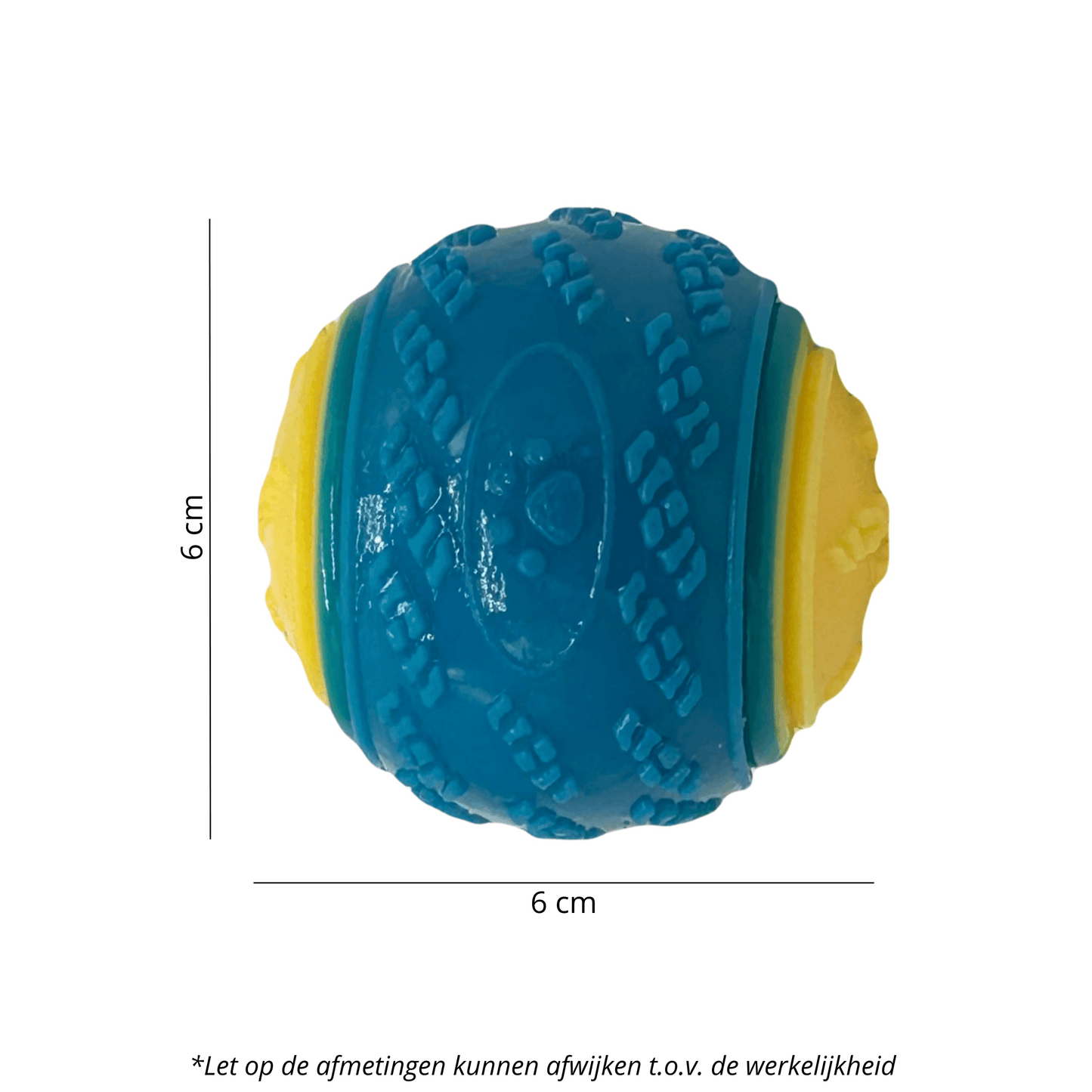 Close-up van de StuiterSter, een blauwe en gele rubberen bal met textuur, inclusief afmetingen van 6 cm.