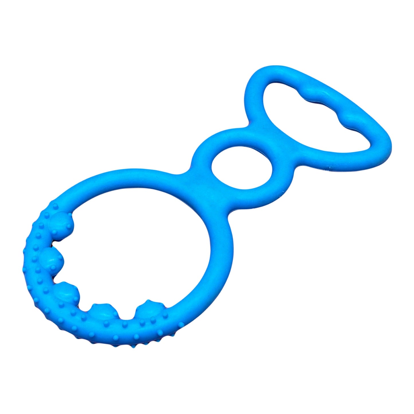 Blauw trekring hondenspeeltje met ergonomisch handvat en nopjes voor extra grip en kauwplezier.