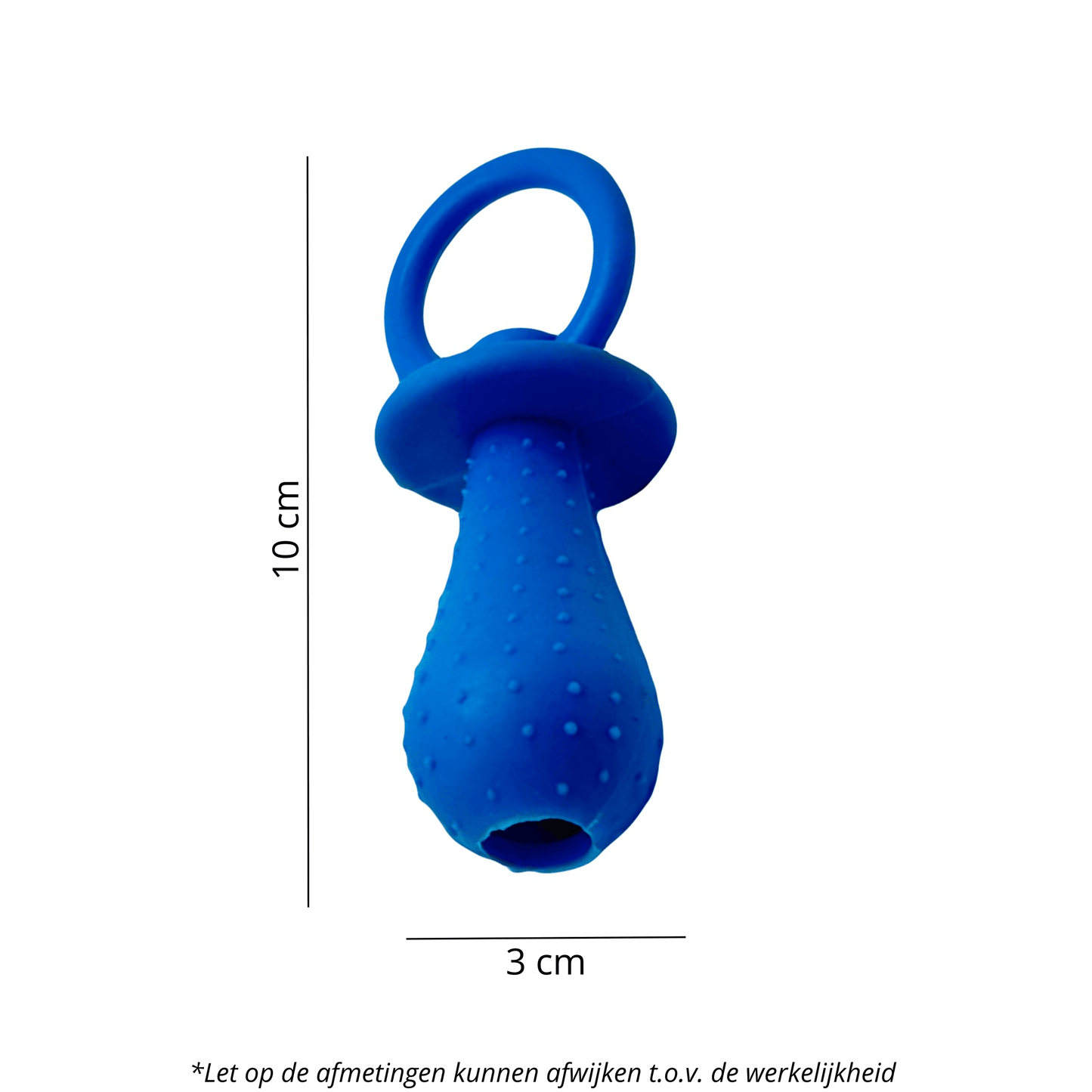 Blauwe speentut hondenspeeltje met noppen, inclusief afmetingen van 10 cm x 3 cm.