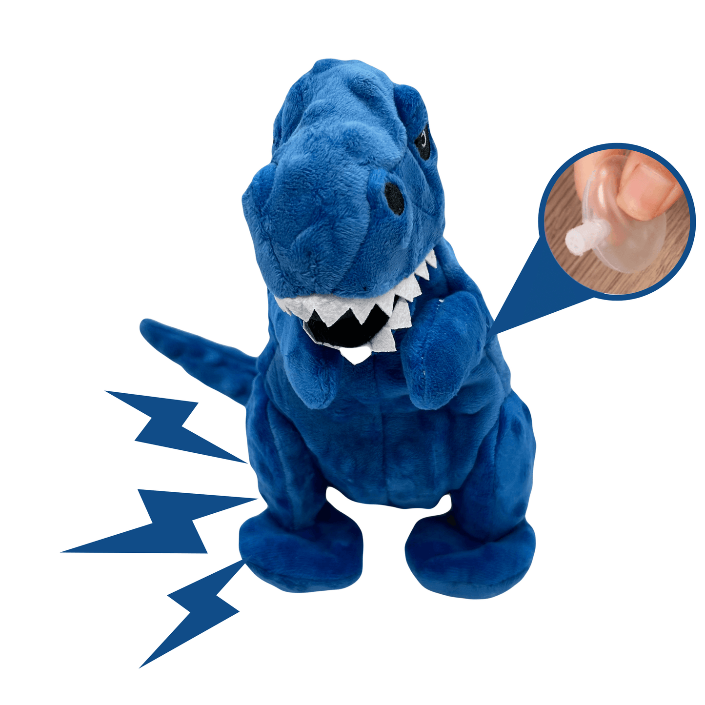 lauwe pluche dino hondenspeeltje met piepgeluid, aangegeven met bliksemschichten.
