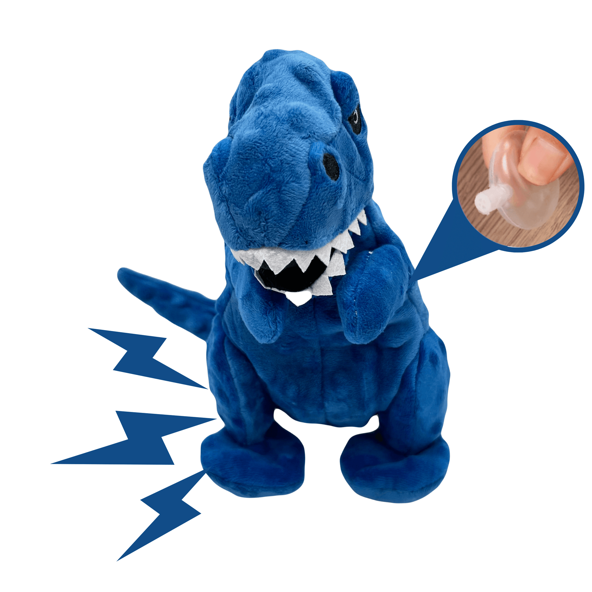 lauwe pluche dino hondenspeeltje met piepgeluid, aangegeven met bliksemschichten.