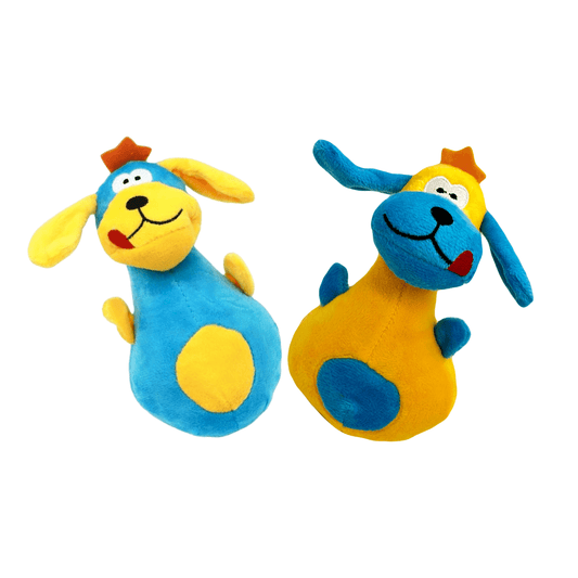 De blauwe en gele versies van de Blij Bekkie knuffel naast elkaar met een speelse uitstraling.