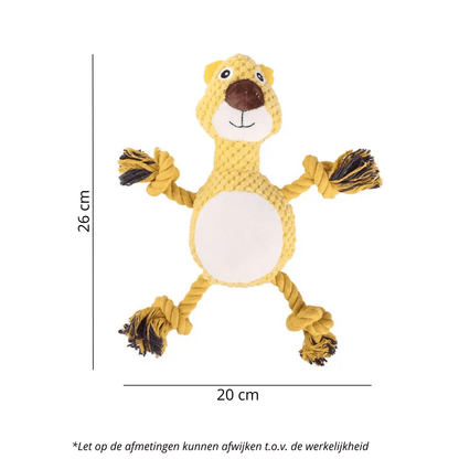 Geel hondenspeeltje in de vorm van een beer, met afmetingen van 26 cm hoog en 20 cm breed aangegeven.