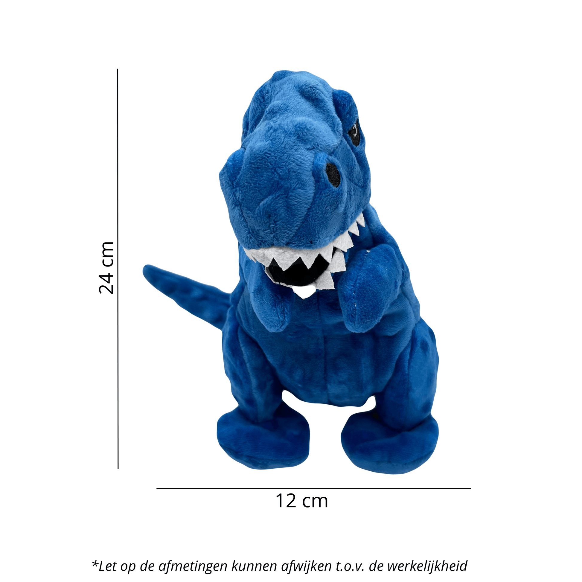 Blauwe dino hondenspeeltje met afmetingen 24x12 cm, piepgeluid en zachte stof.