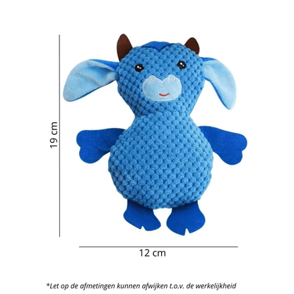 Een blauwe hondenknuffel in de vorm van een uil met afmetingen: 19 cm hoog en 12 cm breed